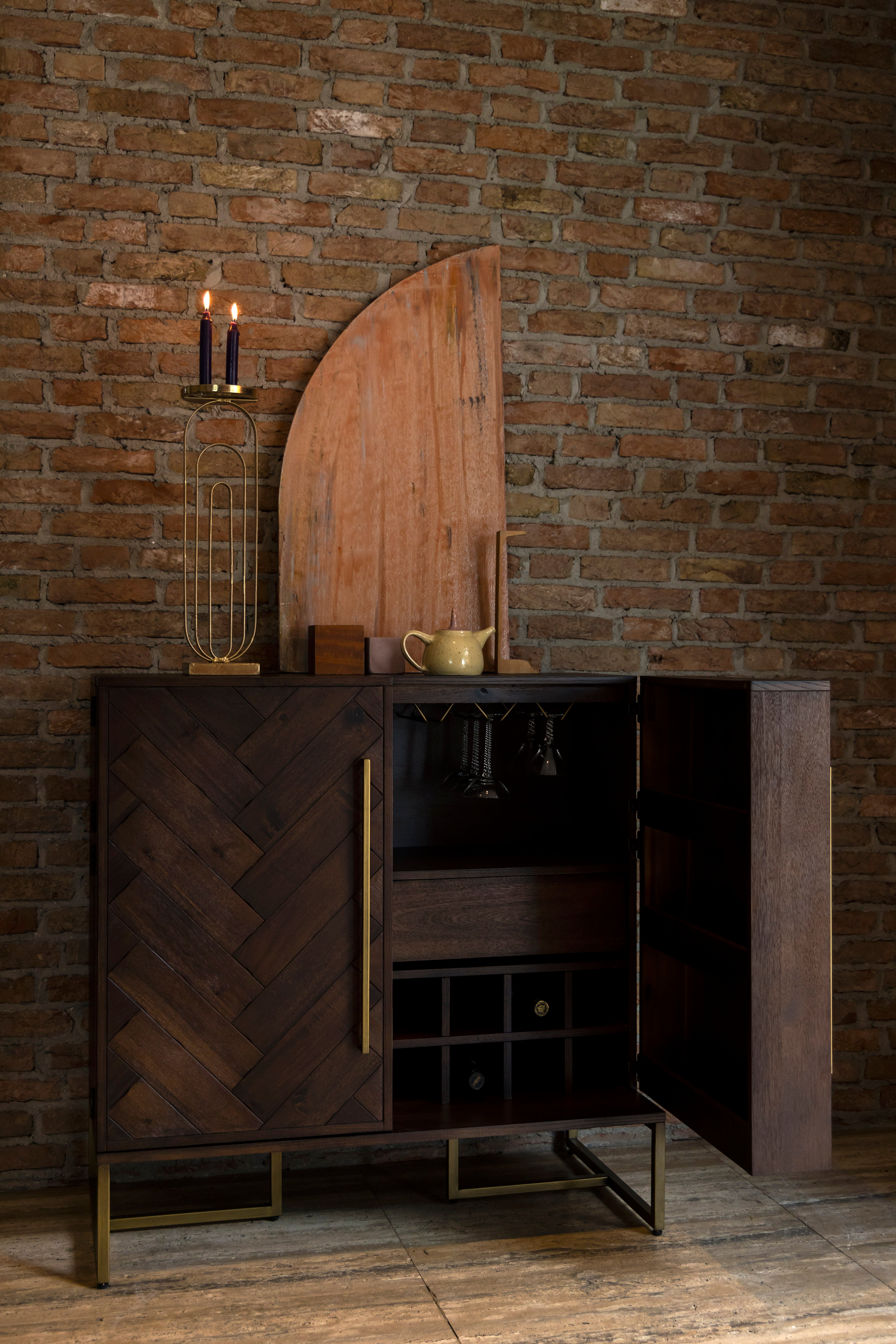 Dutchbone Class Herringbone Brown Acacia Wood Drinks Cabinet